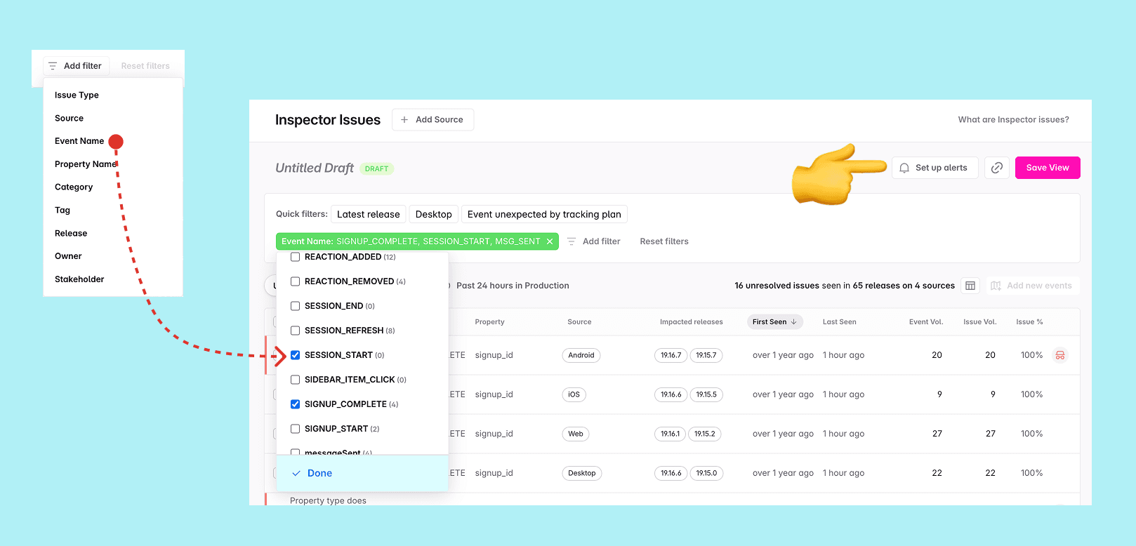 Inspector alerts filtered by specific critical events